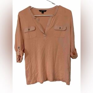 Lauren Ralph Lauren Top Womens Large Henley Roll Tab Sleeves Pink 100% Cotton